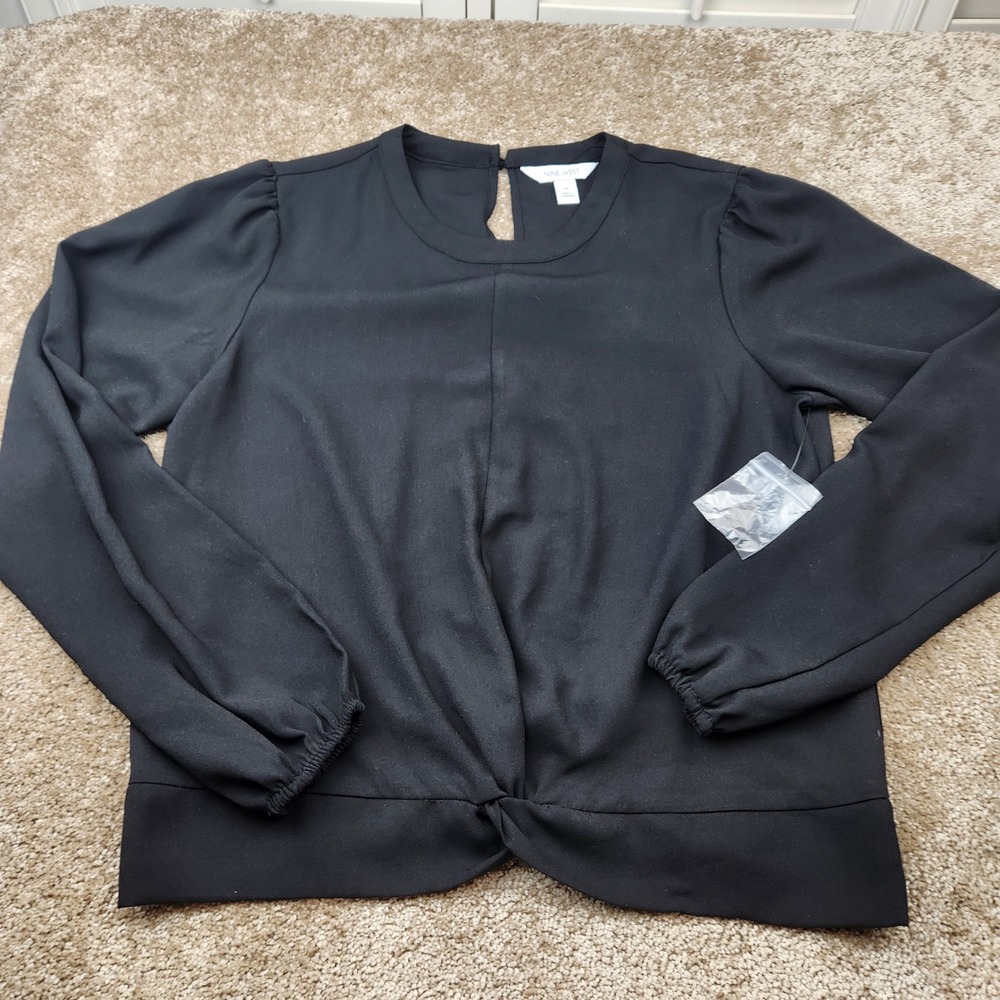 Nine West Womens Black Twist Front Puff Sleeve Keyhole Blouse Medium RN73277